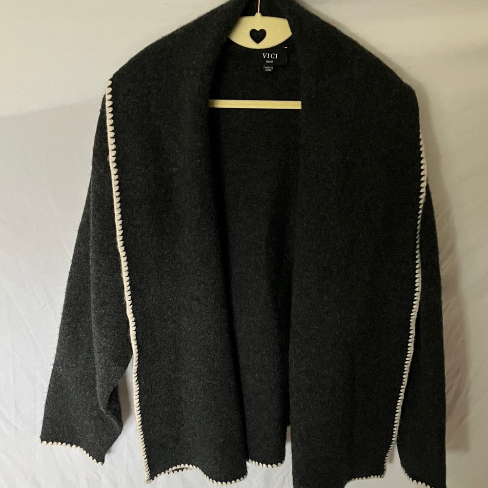 Vici: Charcoal Open-Front Sweater- White Trim- Oversized- XS/S